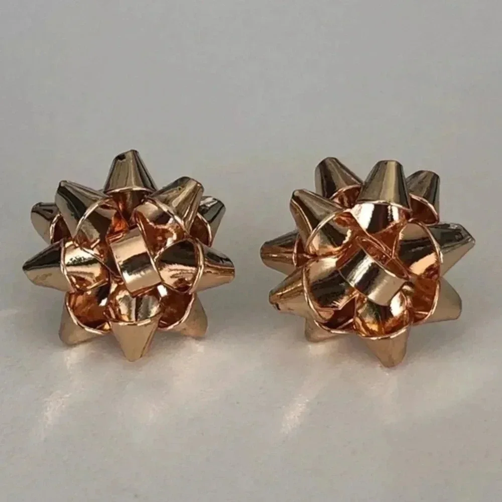Gold Metal Bow Present Holiday Christmas Gift Stud Earrings NWT